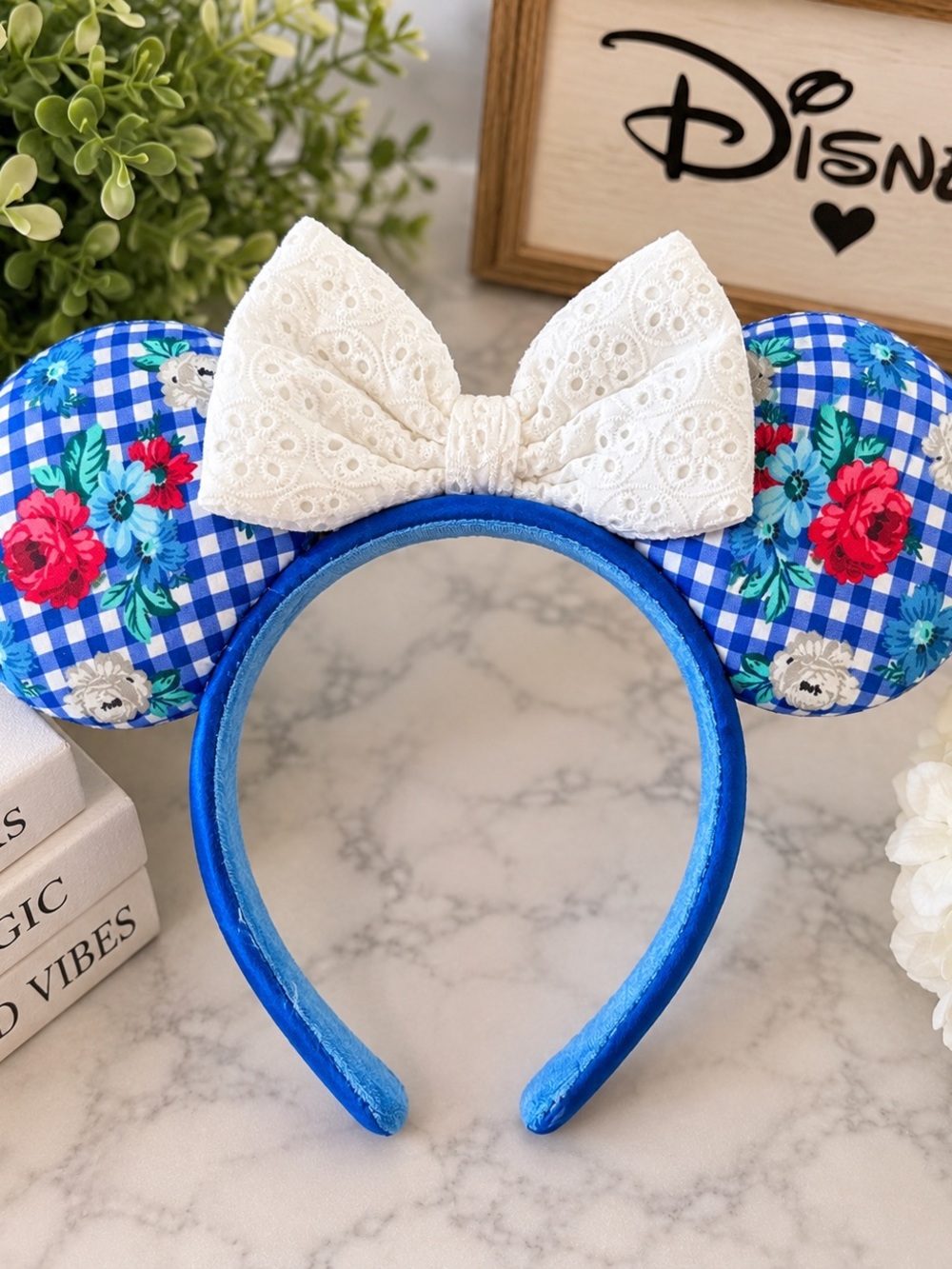 Disney Minnie Mouse Ears Blue Gingham Floral EPCOT Flower Garden